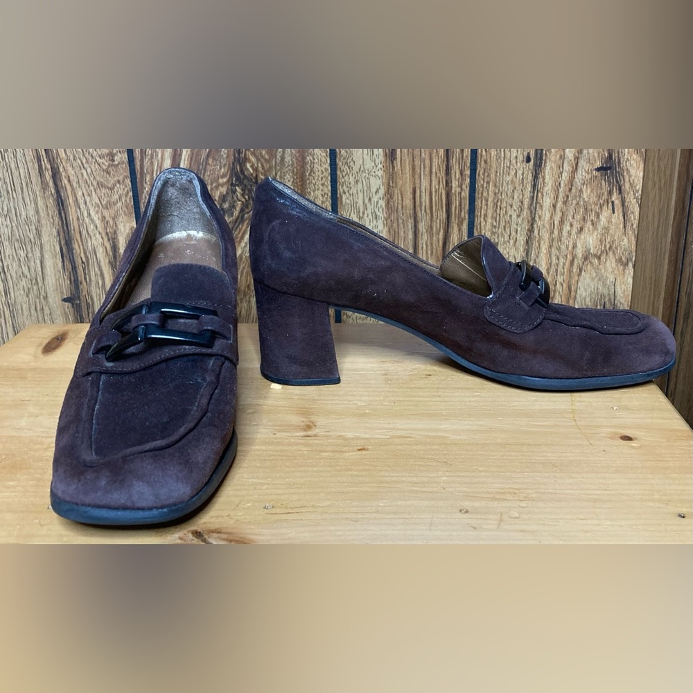 Women STUART WEITZMAN brown Suede Leather Block Heel Slip On shoe Sz 7 AA